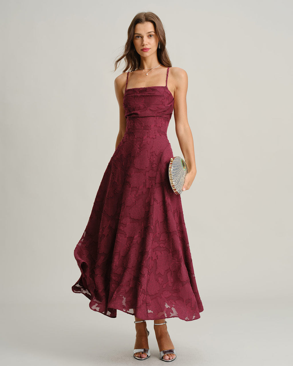 Aurora | Vestido Largo de Jacquard Burdeos Mujer Escote Cuadrado Espalda Cruzada