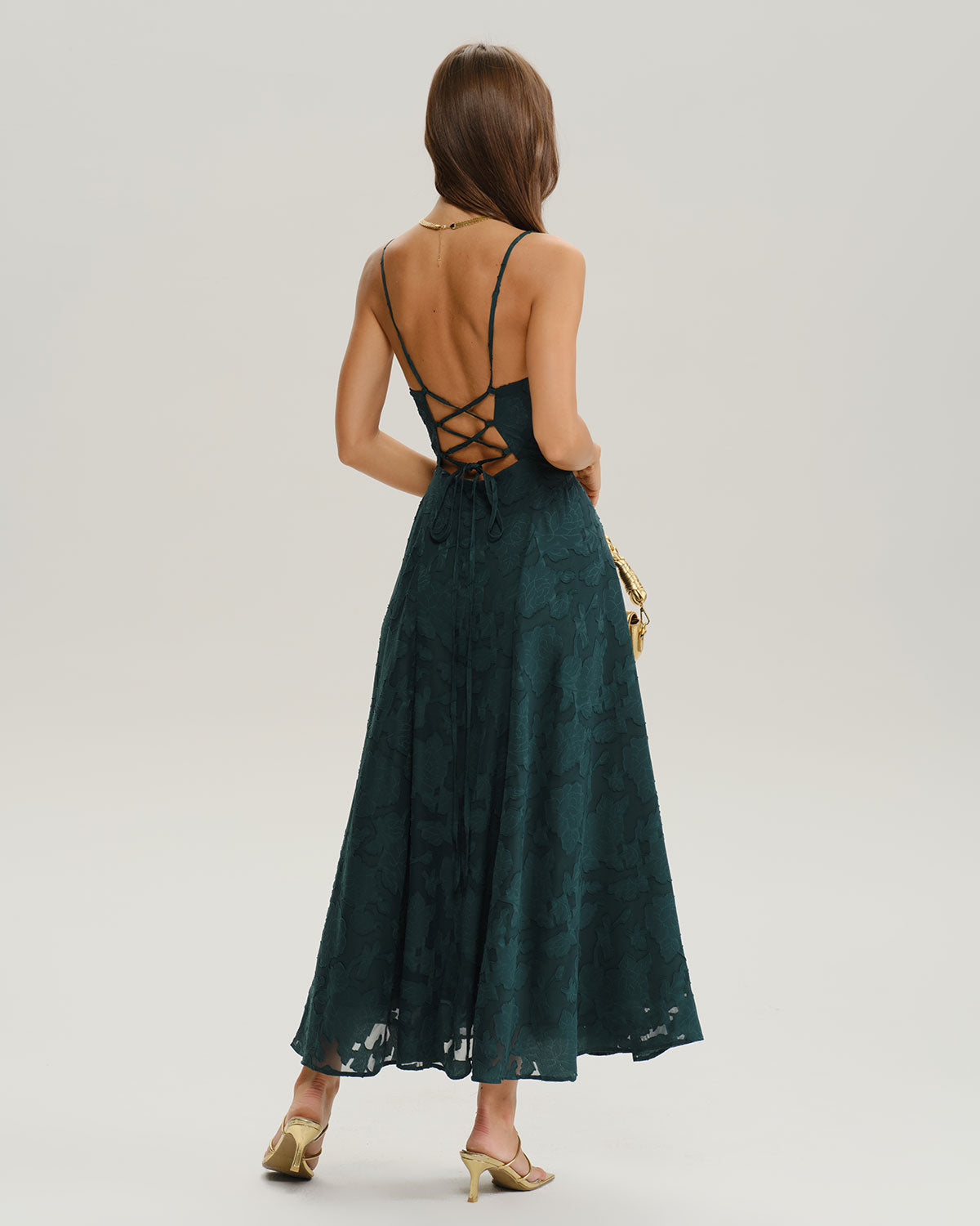 Esmeralda | Vestido Largo de Jacquard Verde Mujer Espalda Cruzada Corte A
