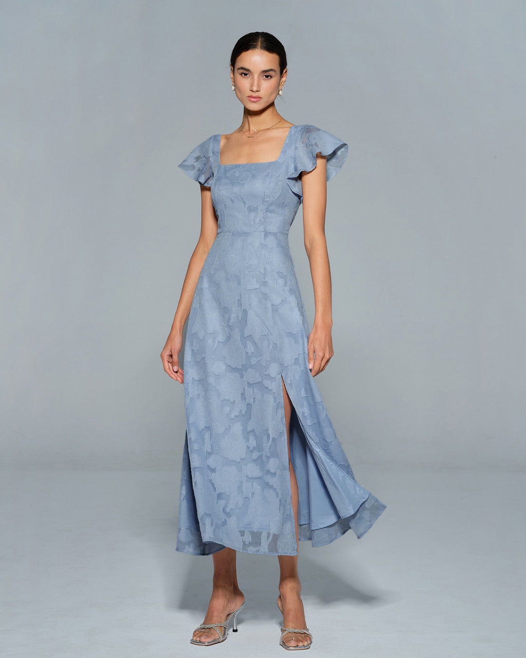 Teresa | Vestido Midi de Jacquard Floral Azul Mujer Escote Cuadrado