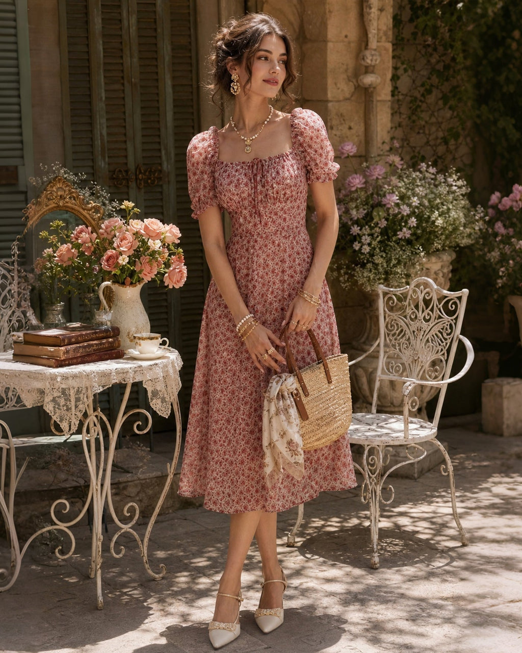Nieves | Vestido Midi de Gasa Floral Rosa Mujer Escote Cuadrado