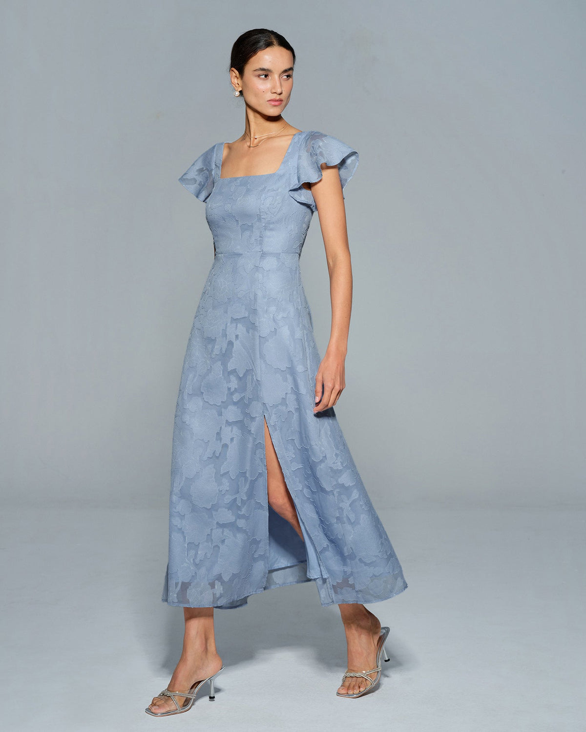 Teresa | Vestido Midi de Jacquard Floral Azul Mujer Escote Cuadrado