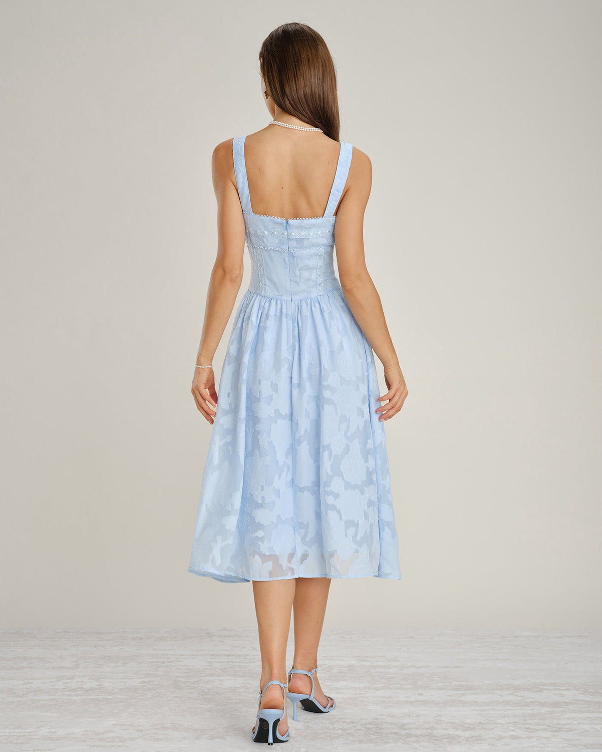 Inés | Vestido Midi de Jacquard y Encaje Azul Mujer Escote Cuadrado