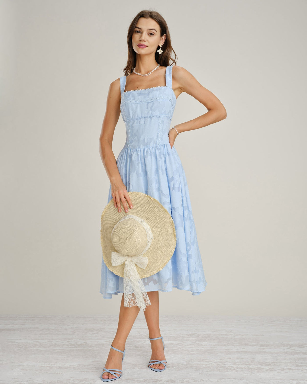 Inés | Vestido Midi de Jacquard y Encaje Azul Mujer Escote Cuadrado